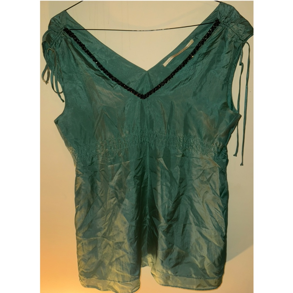Twelve Street by Cynthia Vincent Teal Sleeveless Top with Black Beaded Trim